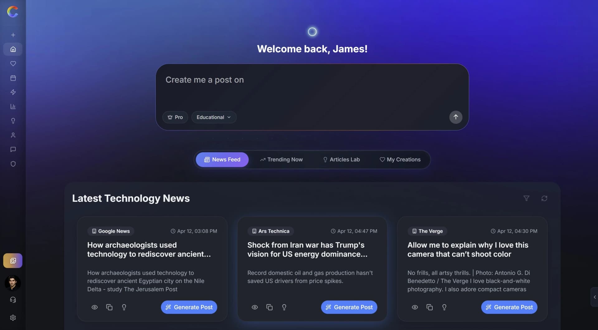 Contentio Dashboard - AI Content Generation Interface